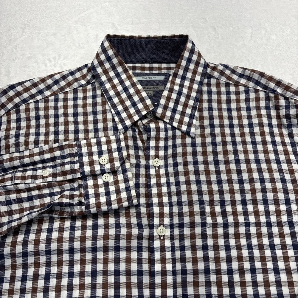 Johnston & Murphy Dress Shirt Men's L Blue/Brown Plaid Tailored Fit Flip Cuff